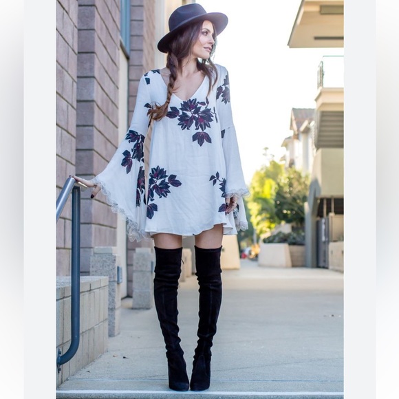 Free People Dresses & Skirts - Free People Floral Bell Sleeve Wanderer Mini Dress in Ivory Combo